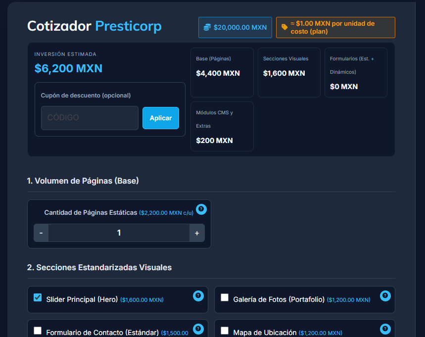 Cotización de páginas web Presticorp