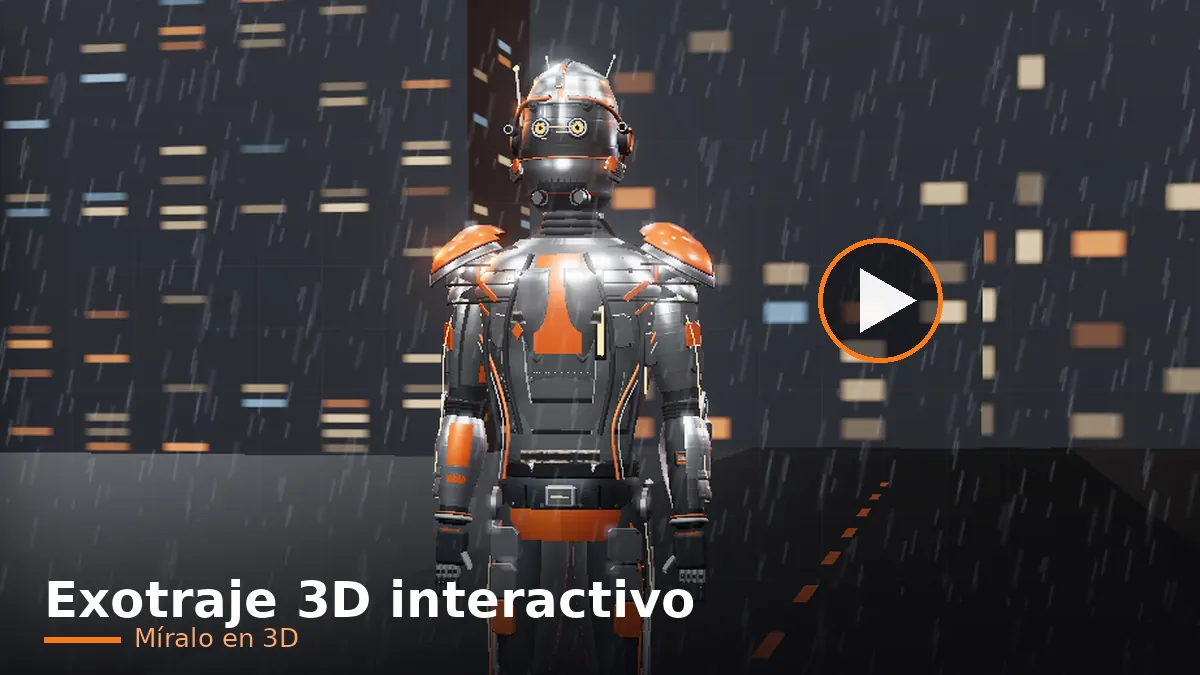 Exotraje futurista plateado con naranja frente a una ciudad nocturna con lluvia, demo 3D interactivo hecho por Presticorp