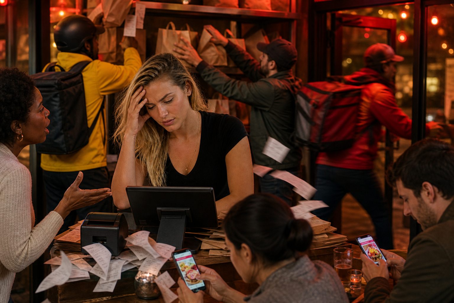 Restaurante saturado por repartidores de apps de terceros, tickets y comisiones fuera de control