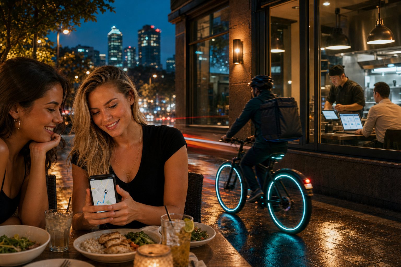 Ecosistema de delivery: cliente sigue el pedido, repartidor en bici y cocina conectada en tiempo real