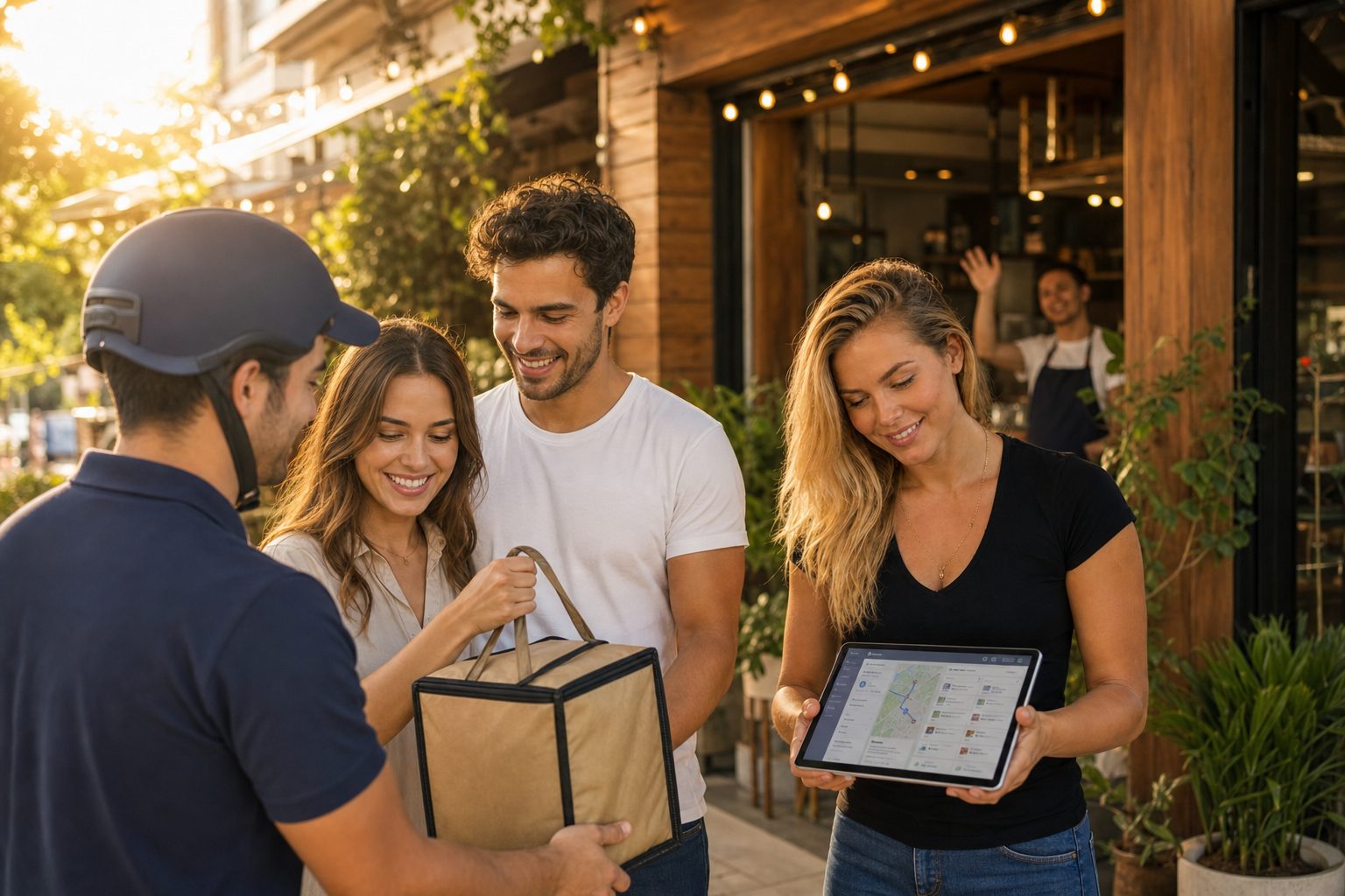 Plataforma propia: panel de pedidos a medida y repartidor de la marca entregando a clientes