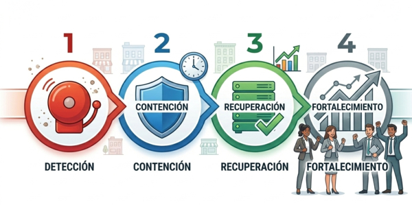Ciclo de respuesta y mejora continua ante incidentes de ciberseguridad aplicado al contexto operativo inmobiliario.