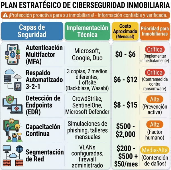 Matriz de inversión en ciberseguridad para inmobiliarias: implementaciones prácticas ordenadas por prioridad y costo. Fuente: Elaboración propia basada en presupuestos típicos del sector PYME inmobiliario 2024.