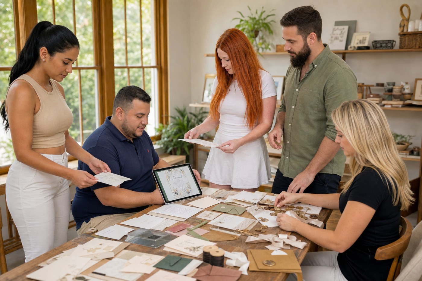 Estudio de diseño trabajando una invitación premium con papeles, sellos y una propuesta a medida