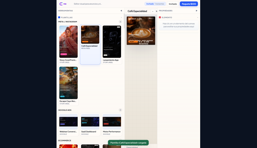 Captura de CreaPlantillas: galería de plantillas Meta, Google y ecommerce
