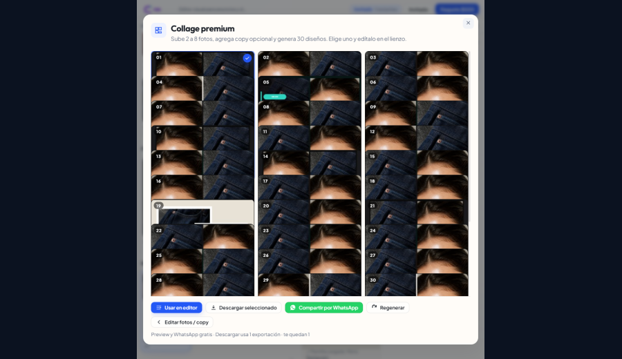 Captura del Collage premium de CreaPlantillas con 30 diseños generados