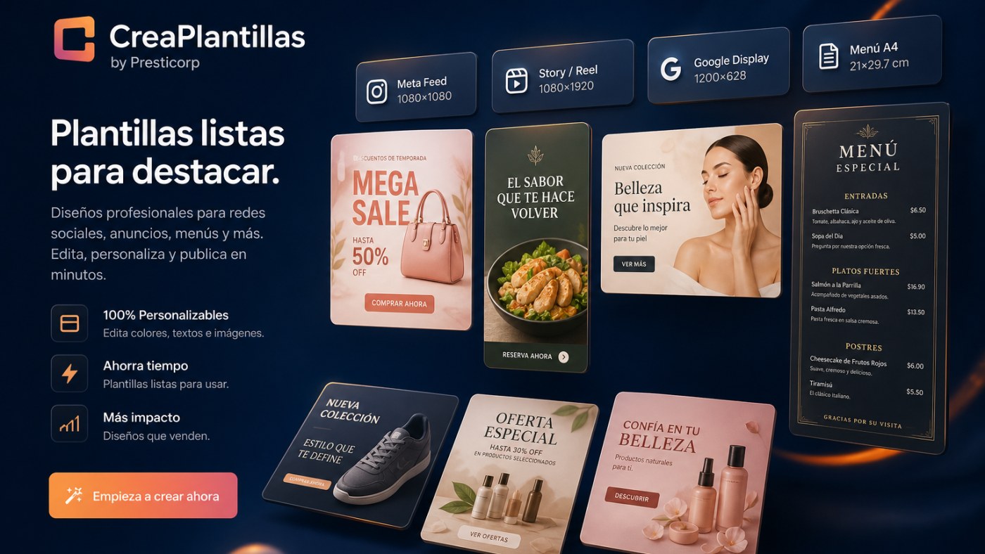 Ilustración premium: galería de plantillas CrearPlantillas para Meta, Google y menús A4