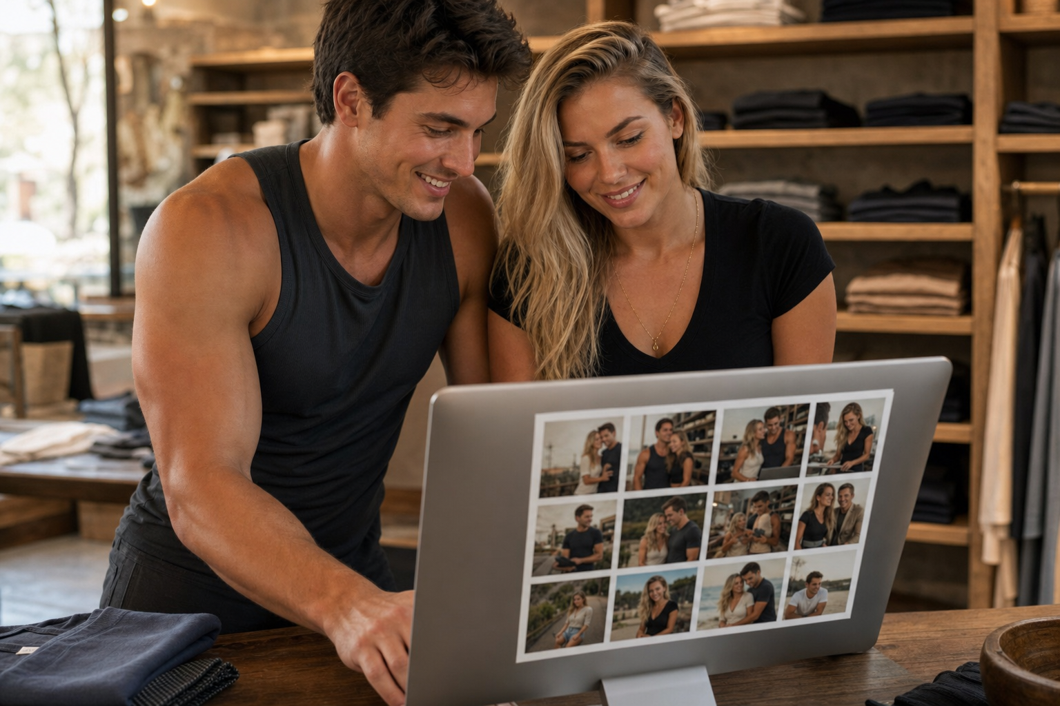 Pareja en una tienda revisando un collage de fotos de producto y catálogo