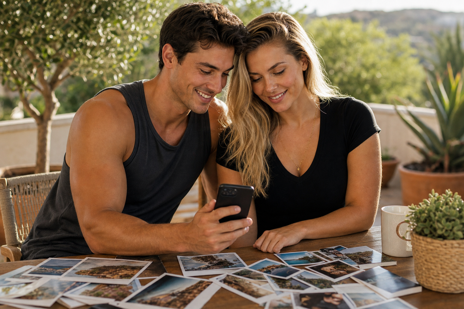 Pareja en terraza armando un collage de fotos de viaje para Instagram
