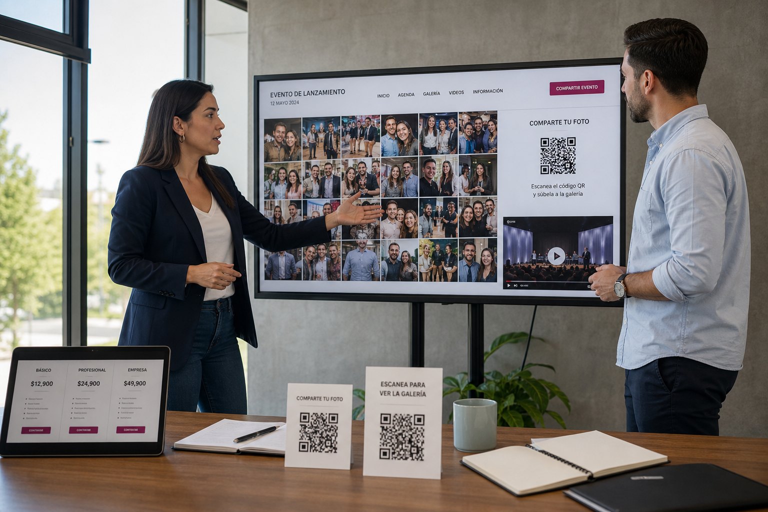Equipo presentando un sitio de evento con muro de fotos en vivo en un monitor