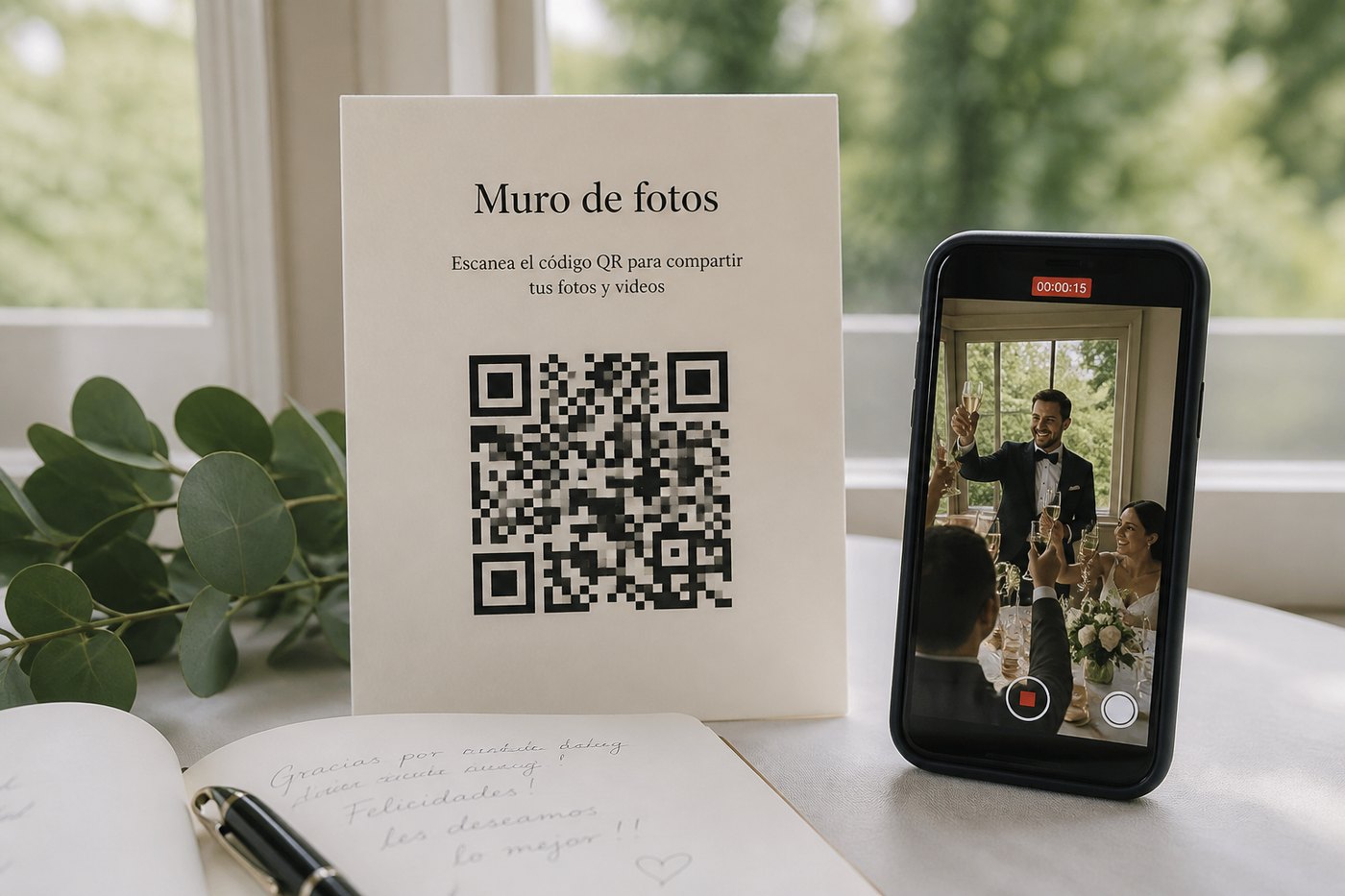 Código QR de subida al muro junto a un celular grabando el evento