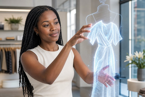 Woman interacting with a generated interface showroom