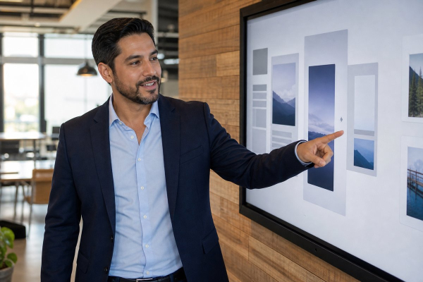 Specialist pointing to interface frames on a monitor