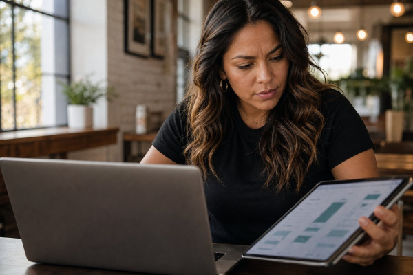 Entrepreneur reviewing prototype on laptop and tablet