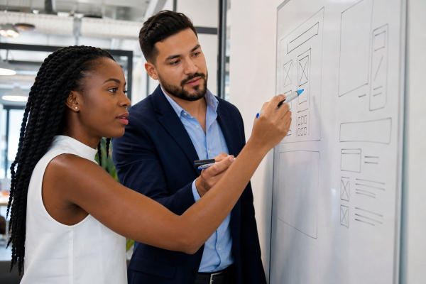 Team drawing wireframes on a whiteboard