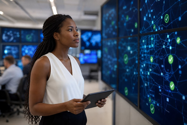 Cybersecurity team in office reviewing alerts and AI offensive preparedness checklist