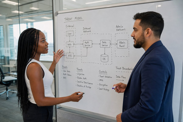 Whiteboard with threat model, actors, critical assets and controls for a startup