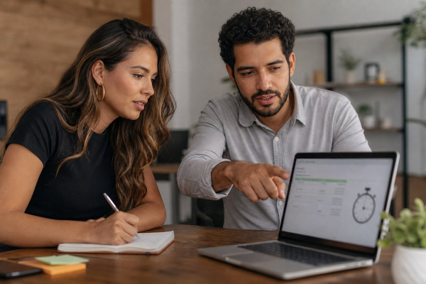 Dos personas comparando en una laptop resultados de una prueba con cronómetro y tabla