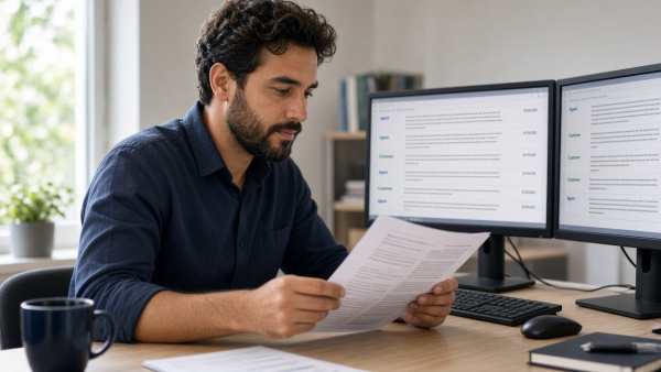 Analista revisando un transcript impreso junto a monitores con etiquetas de agente y cliente