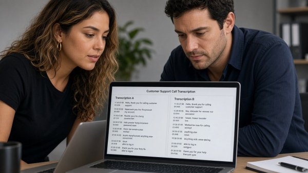 Dos personas comparando en una laptop dos versiones de una misma llamada de soporte