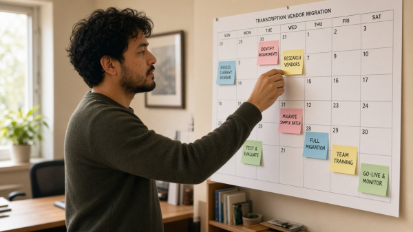 Persona planificando en un calendario de pared la migración de proveedor de transcripción