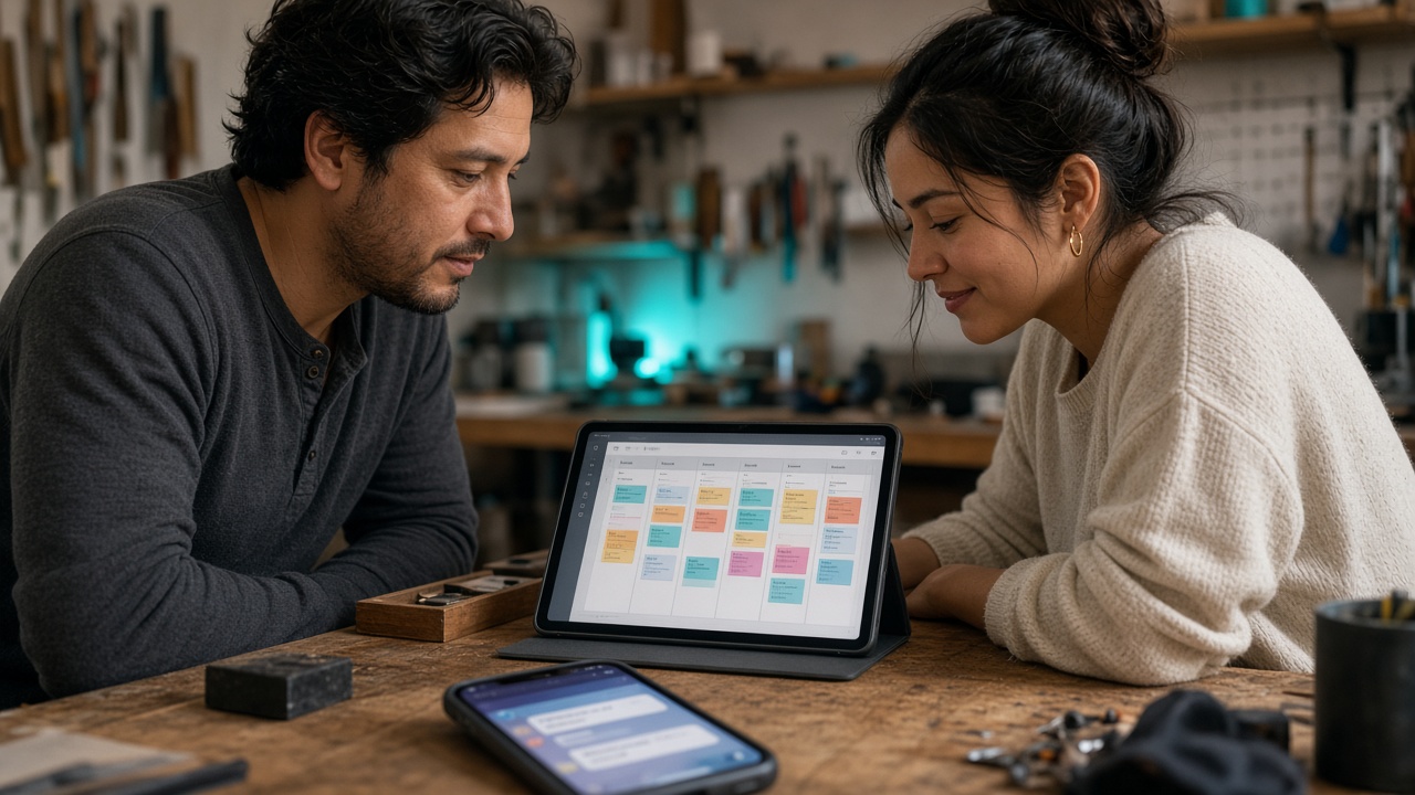 Equipo revisando un tablero de minitareas y el chat interno en una tablet