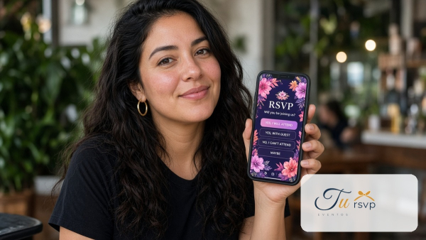 Mujer latina revisando invitación digital RSVP en el móvil