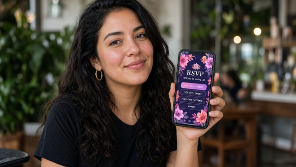 Latina woman checking digital RSVP invitation on mobile