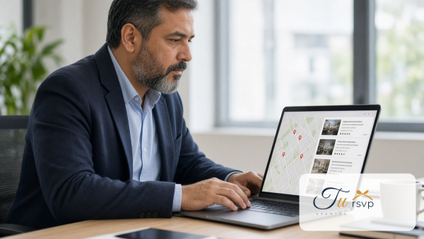 Hombre latino buscando salón o hacienda para eventos en laptop