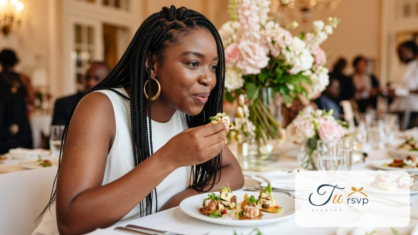 Mujer con trenzas revisando opciones de banquete y catering
