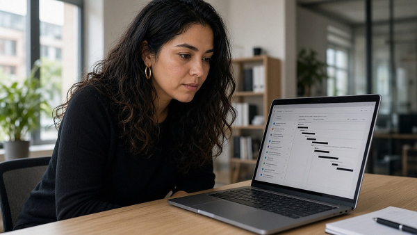 Investigadora latina revisando en su laptop un timeline de ediciones en un wiki antiguo