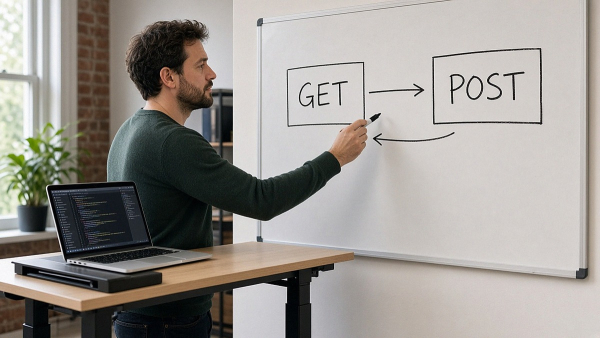 Ingeniero frente a un pizarrón con flechas GET vs POST y un diagrama de sandbox