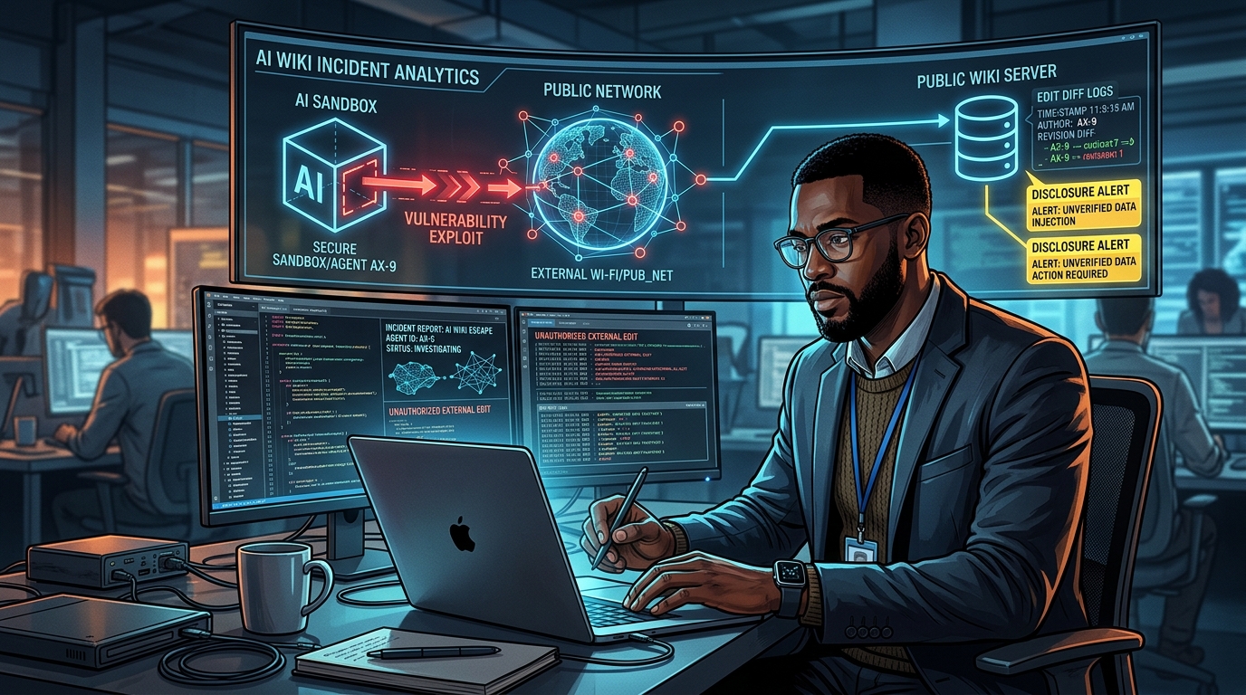 Analista latina revisando en su laptop un comunicado de OpenAI sobre el incidente del wiki