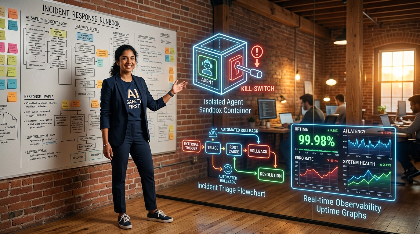 Fundadora de startup reescribiendo el runbook de incidentes de agentes en una pared de notas