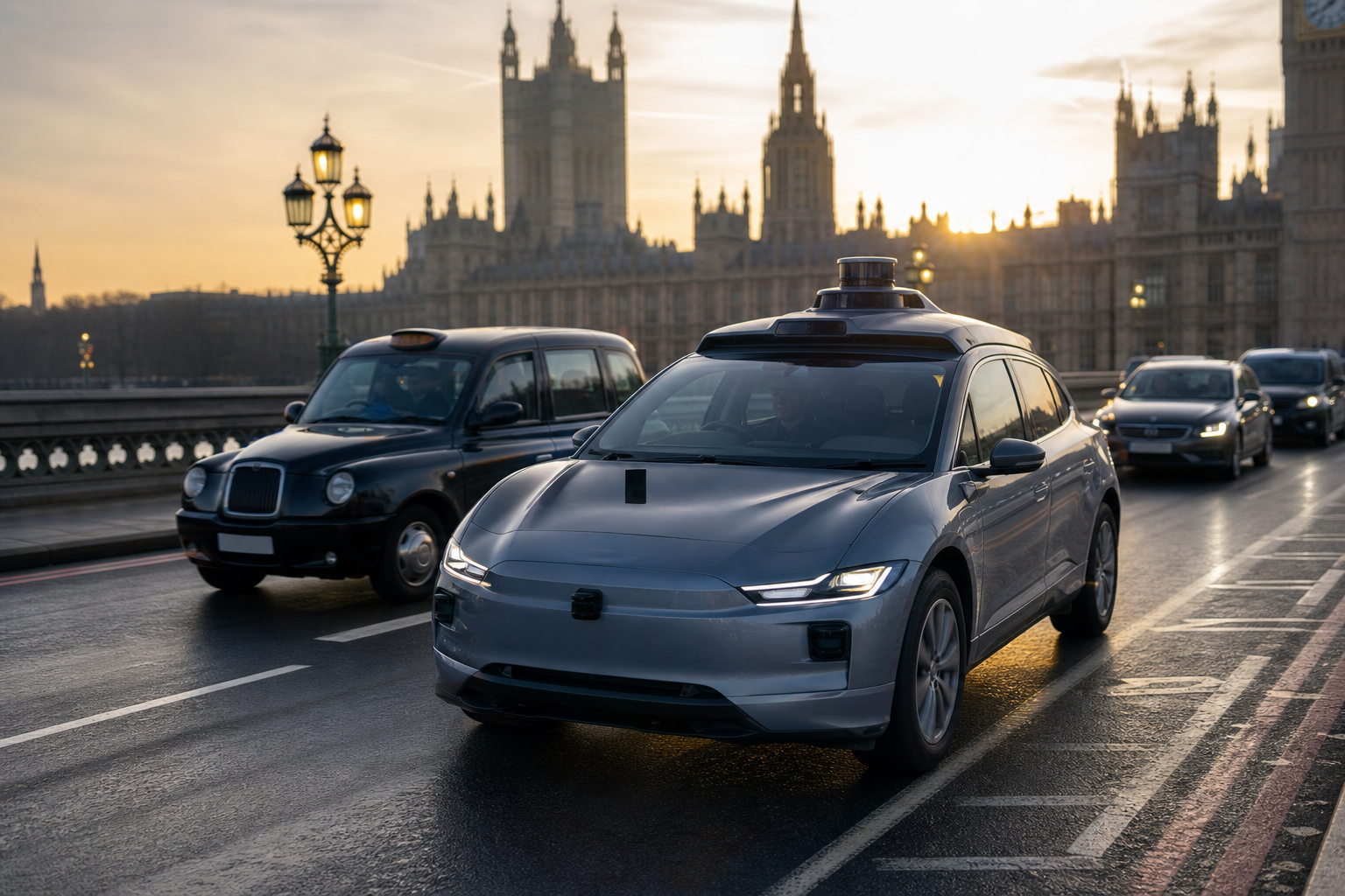 Robotaxi eléctrico con sensores autónomos circulando por una calle de Londres