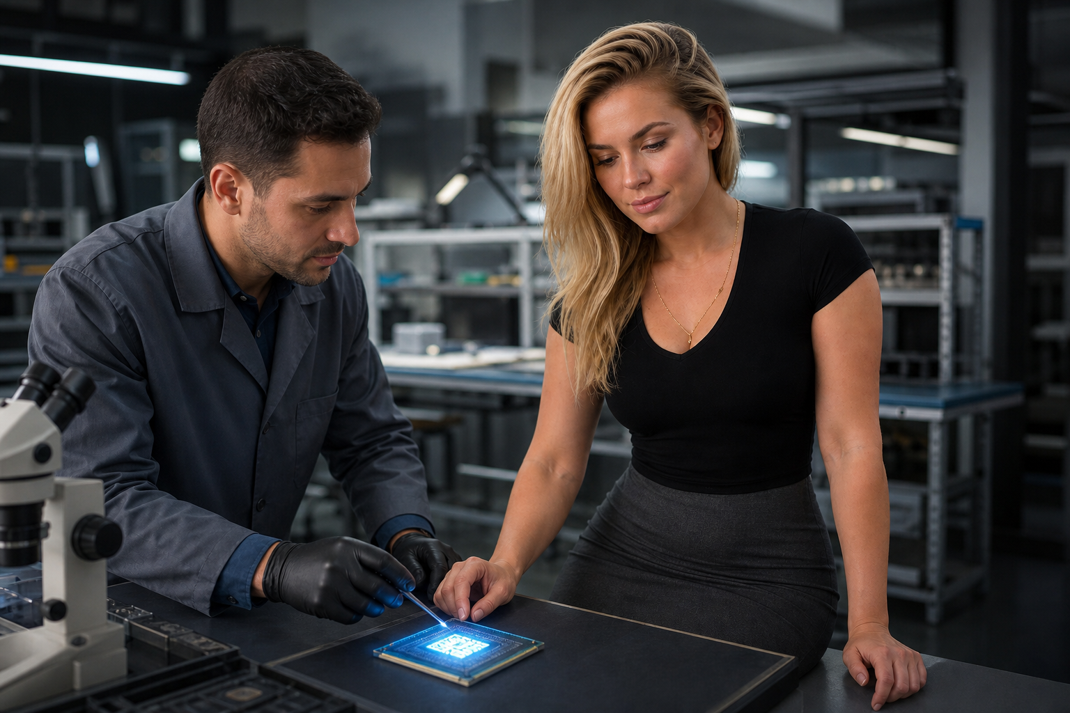 Profesionales inspeccionando un chip especializado para inteligencia artificial