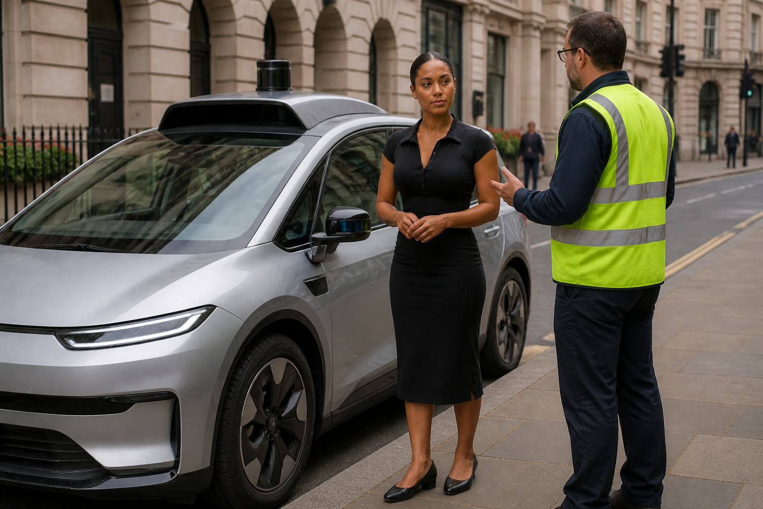 Mujer junto a robotaxi supervisado en una calle de Londres