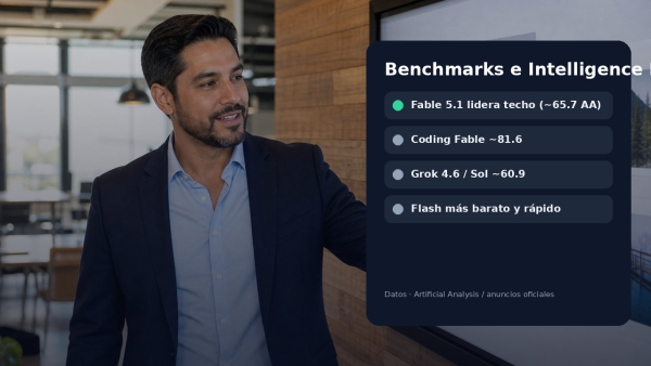 Ingeniero latino comparando benchmarks de Intelligence Index y coding en pantalla