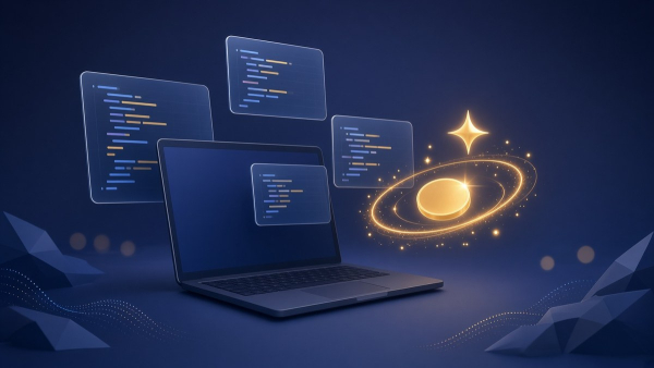 Ilustración de laptop con código y ahorro de costo en agentes de IA