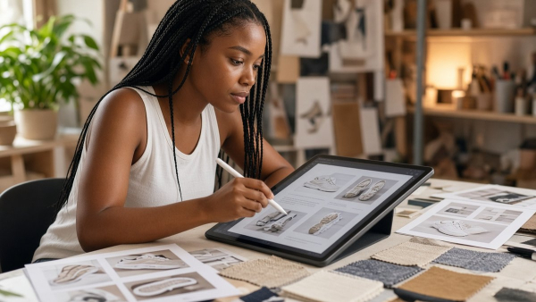 Diseñadora negra con trenzas editando un catálogo con multi-referencia de producto y estilo