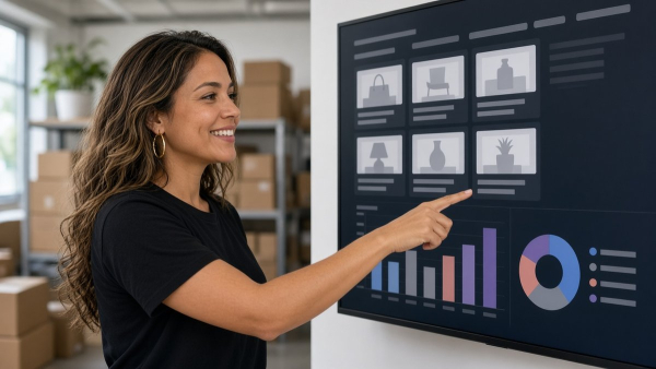 Fundadora de ecommerce midiendo tasa de aceptación QA de imágenes generadas en un tablero