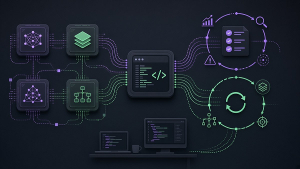 Ilustración de orquestación multi-modelo hacia un flujo de código