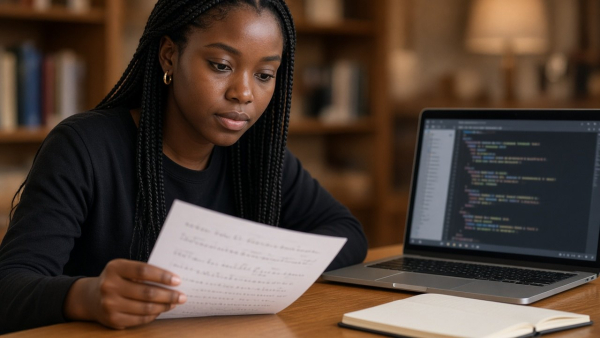 Matemática negra con trenzas contrastando una prueba en papel con código Lean en pantalla