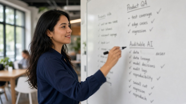 Fundadora de startup tech definiendo checklist de auditable AI en un tablero de producto
