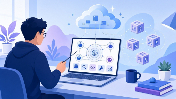 Ilustración de desarrollador orquestando agentes cloud con sandbox