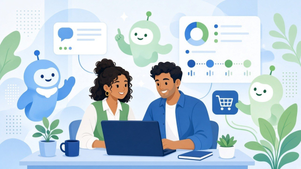 Ilustración de equipo comercial con agentes Agentforce de ventas y servicio