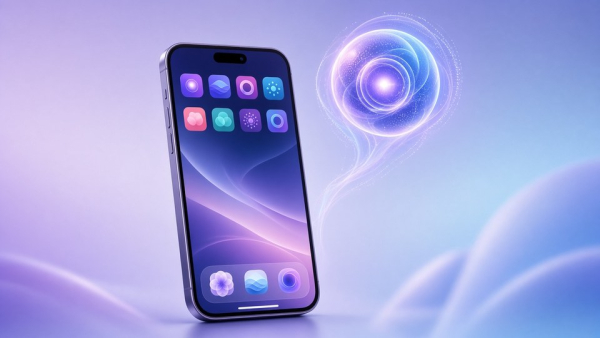Ilustración de smartphone con asistente Siri AI luminoso