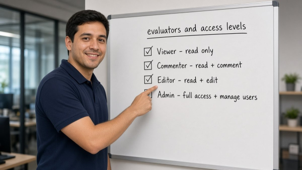 Ingeniero latino en oficina tech señalando un checklist de evaluadores externos con acceso tipo empleado