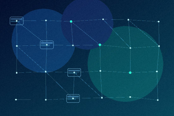 Ilustración abstracta de flujos CRM y nodos de razonamiento