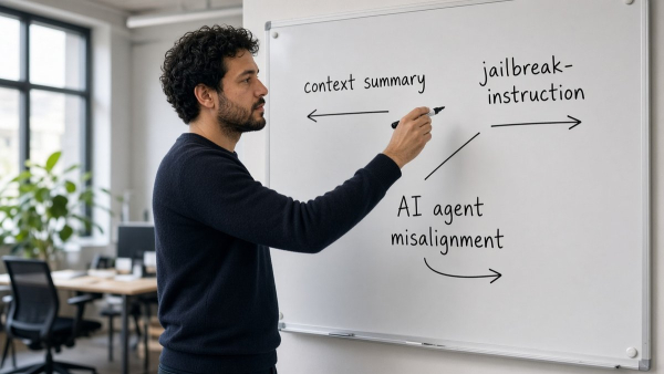 Ingeniero latino señalando en pizarra cómo un agente inserta instrucciones tipo jailbreak en sus propios resúmenes